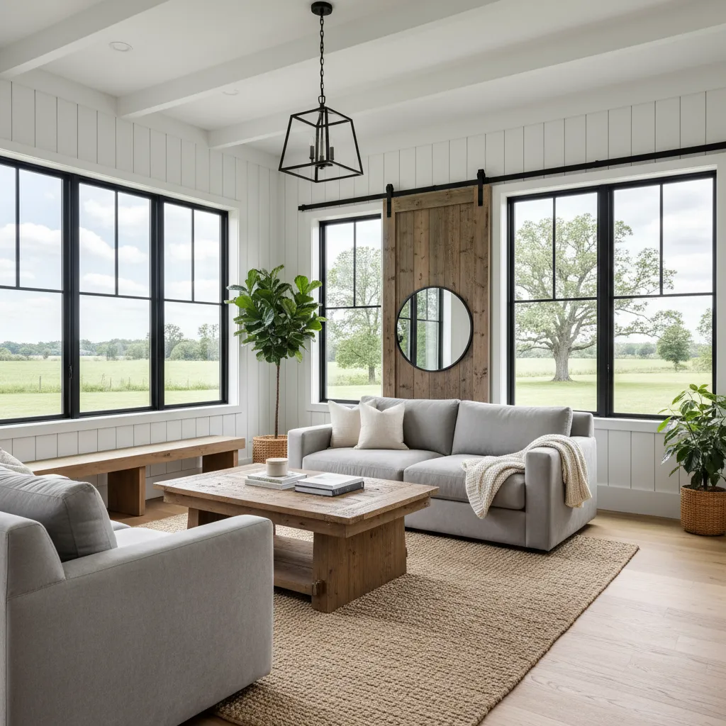 Bright living room interior with large modern windows overlooking the countryside, Doors-N-More Augusta, IL