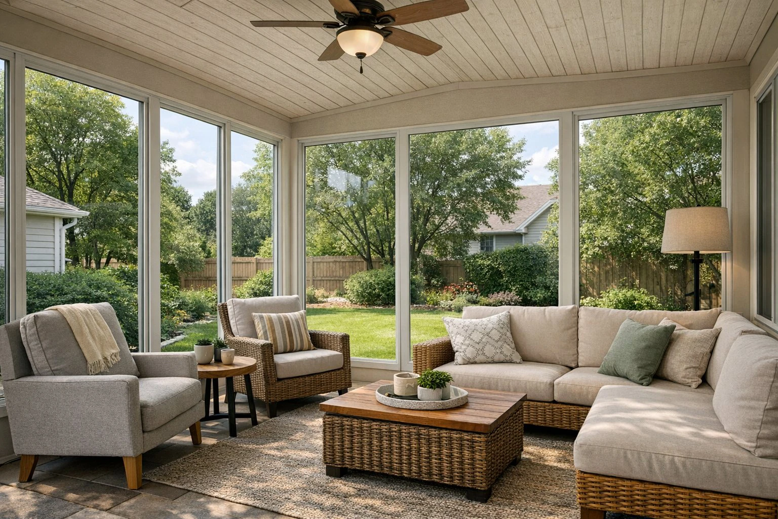 Interior view of a bright sunroom with large windows and comfortable seating, representing sunroom options for Beardstown, IL homes by Doors-N-More