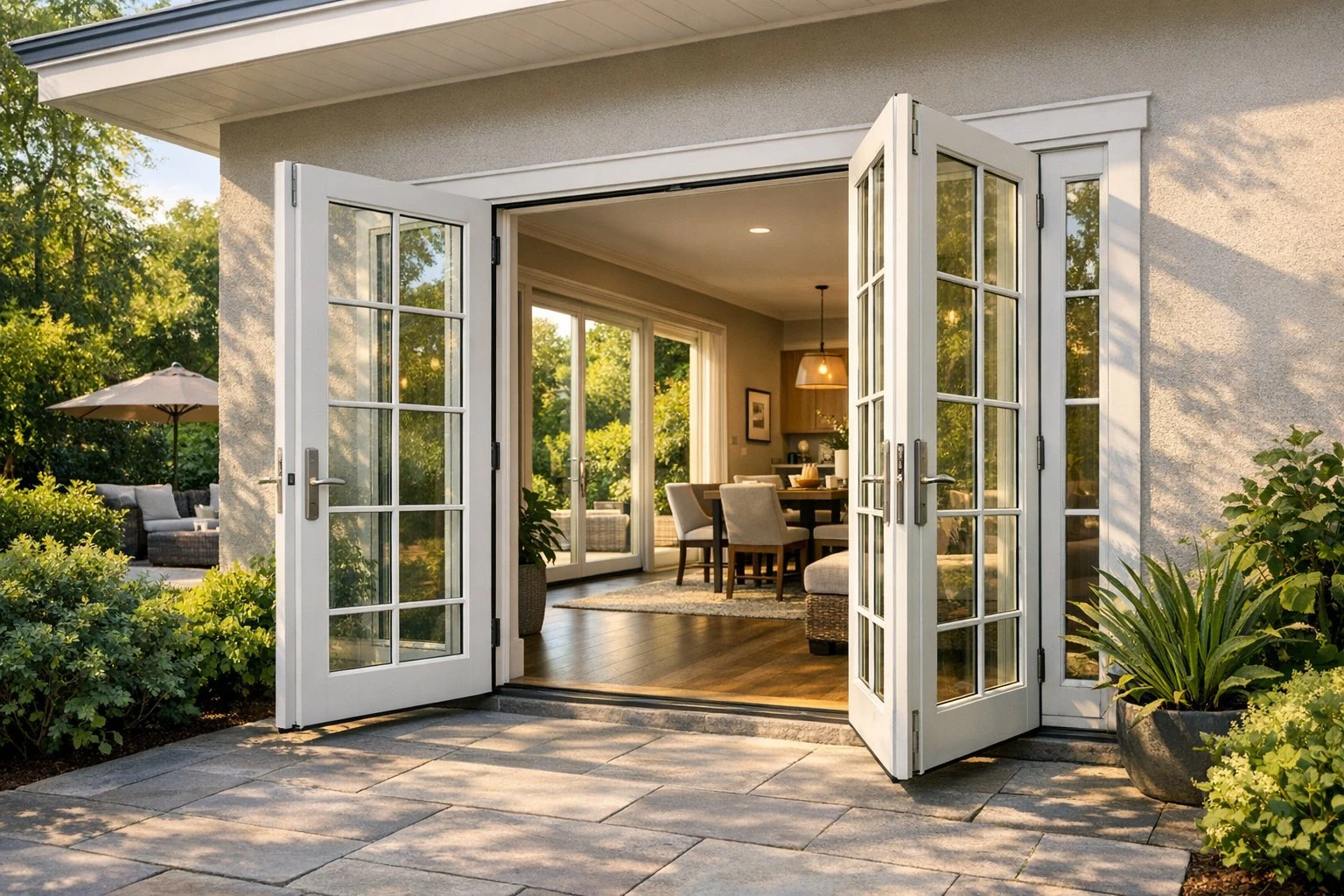 Exterior view of French patio doors opening to a backyard, representing door upgrade options for Bethel, MO homes by Doors-N-More