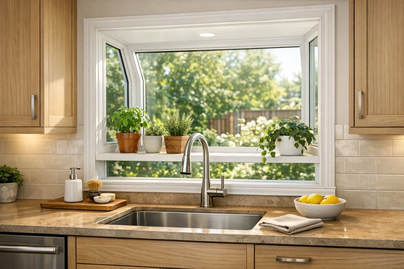 Kitchen interior with garden-style window above sink, representing window upgrade options for Golden, IL homes by Doors-N-More