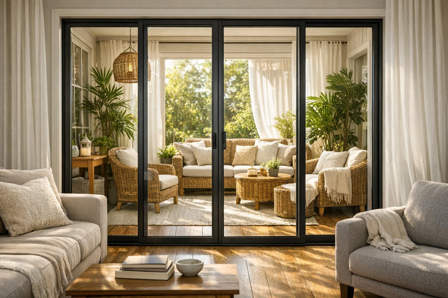 Interior view looking through patio sliding doors into a sunroom, representing door and sunroom options for Plymouth, IL homes by Doors-N-More