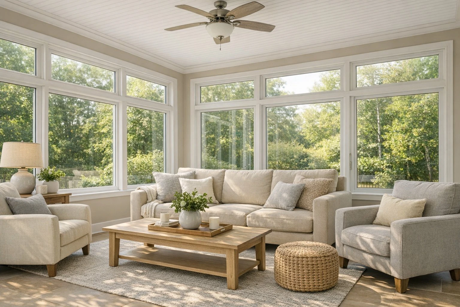 Interior sunroom with large windows and natural light, representing window and sunroom options for Center, MO homes by Doors-N-More