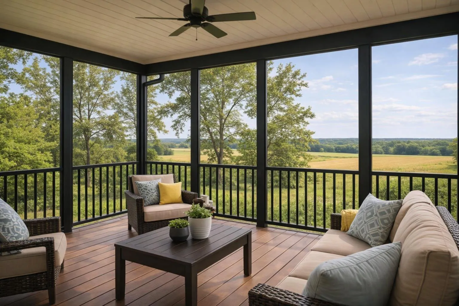 Colchester IL screened sunroom porch with countryside views and outdoor living space