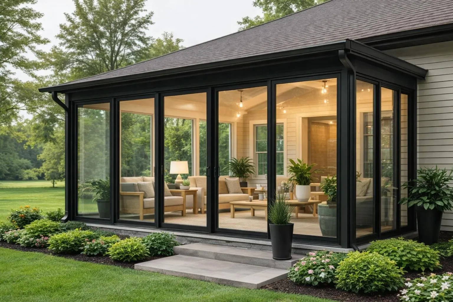 Shelbyville MO custom sunroom addition with large glass windows and backyard outdoor living space