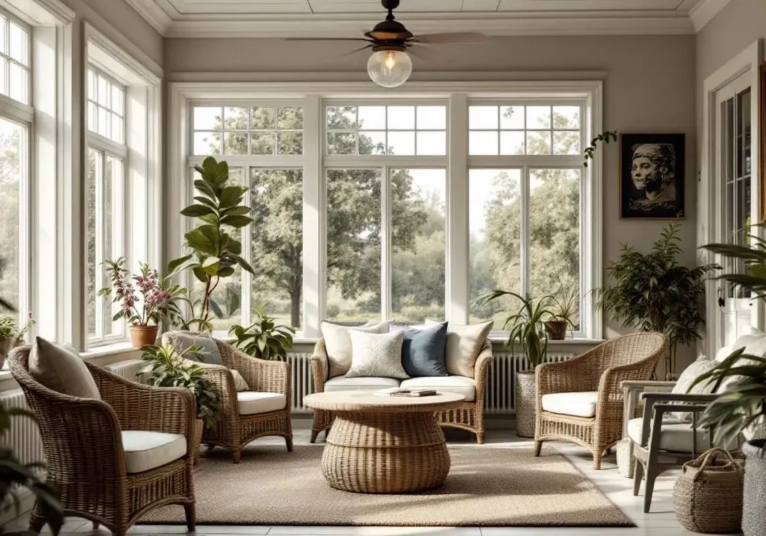 bowling-green-mo-windows copy Stylish sunrooms and windows by Doors-N-More in Bowling Green, MO featuring large grid-style vinyl windows, wicker furniture, indoor plants, and natural outdoor views