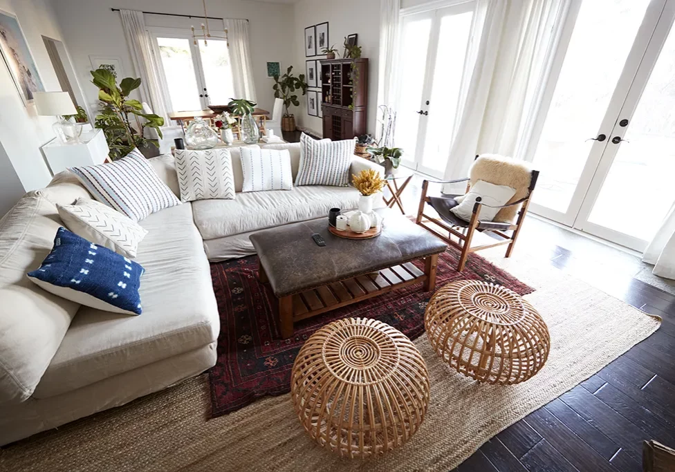 family-living-room-with-french-doors-windows Stylish living room with French doors and large windows, similar to products available from Doors N More in Fort Madison, IA.